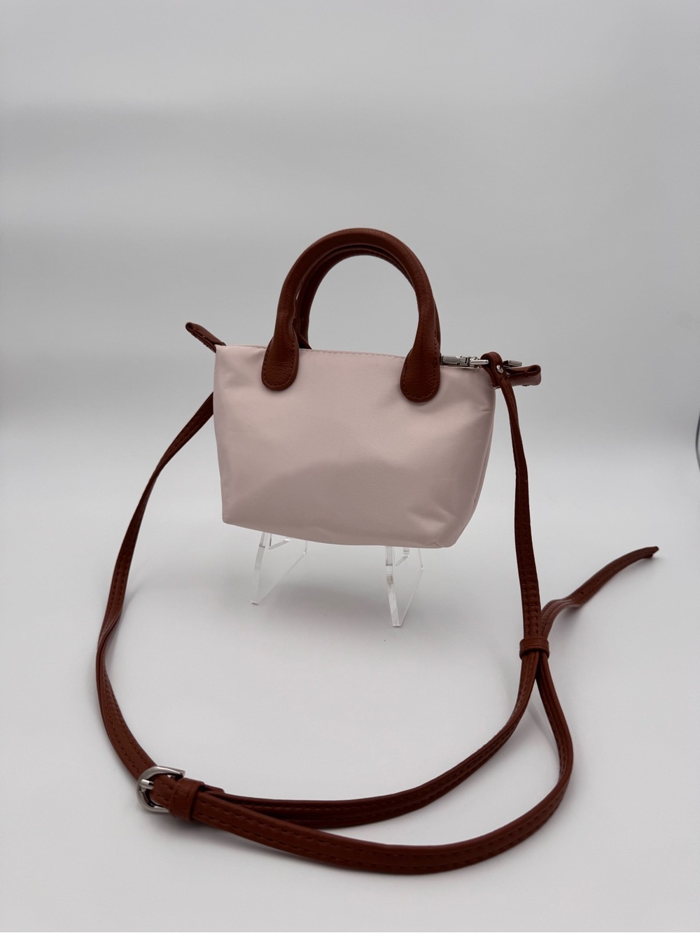 Cream Mini Satchel Crossbody Bag Brown Handles Adjustable Strap